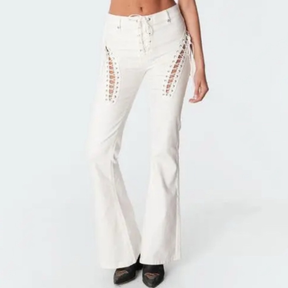Edikted Ivory Lace-Up Flare Jeans